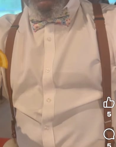 Customer photo review of Wonderland Garden Bow Tie & Cognac Buckle Suspenders Set