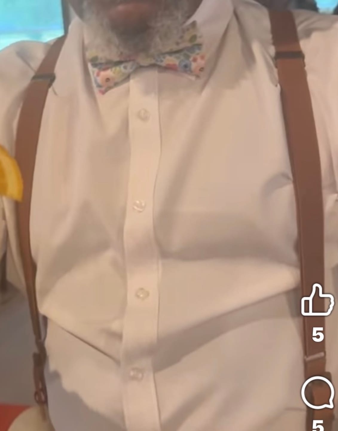 Customer photo review of Wonderland Garden Bow Tie & Cognac Buckle Suspenders Set