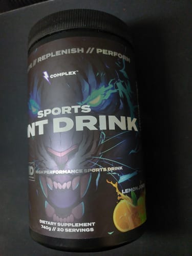 Customer's black tub of Dual-Carb Ion Drink powder, showing the lemon-flavored version.