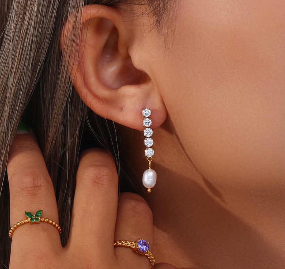 Customer photo review of Pearl Drop Diamond Earrings