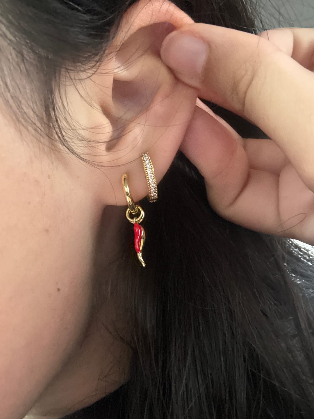 Customer photo review of Double Spice Huggie Earrings
