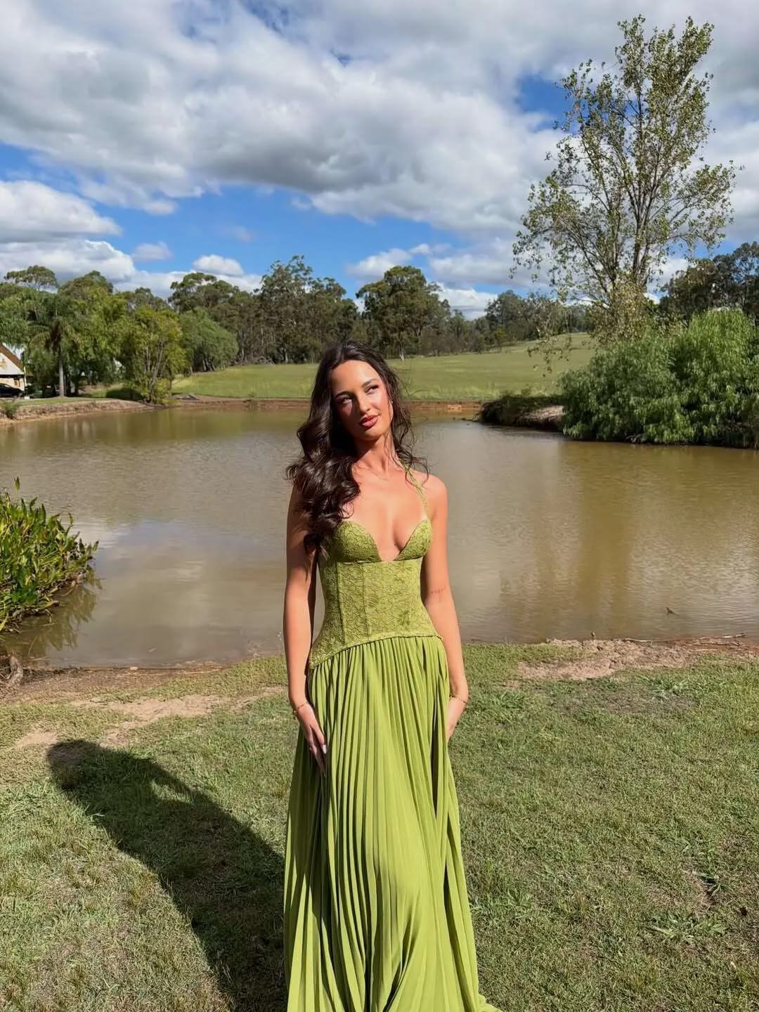 Customer photo review of Vivian Pleated Corset Maxi Dress