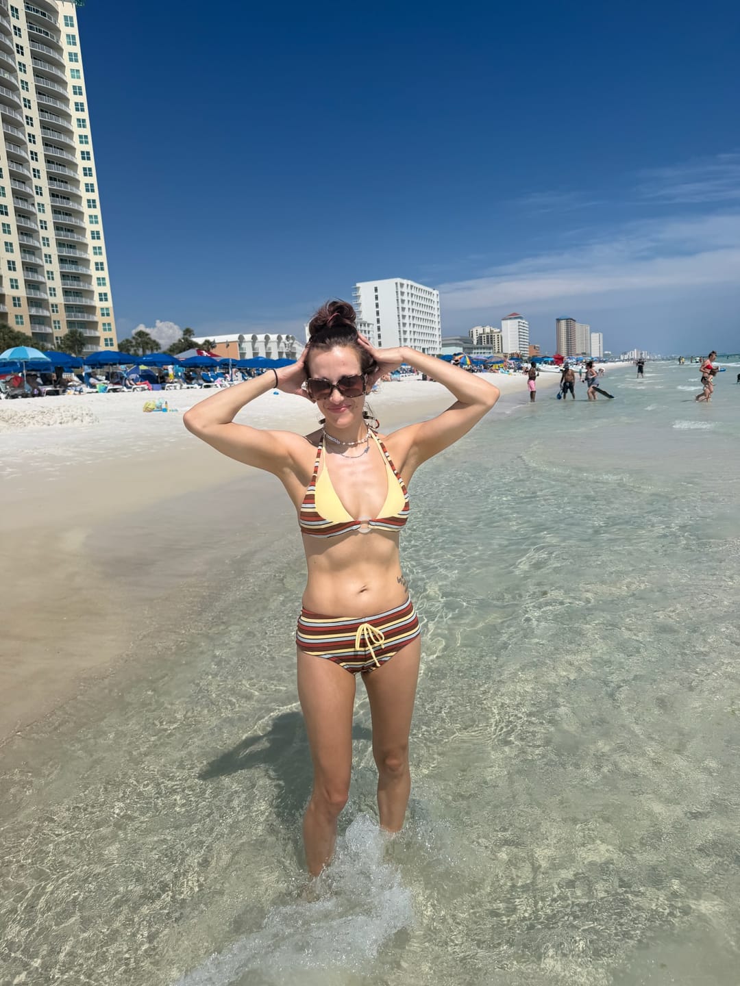 Customer photo review of Yellow Ribbed Knit Striped O Ring Double Layer Top & Cheeky Boyshorts Bikini Set