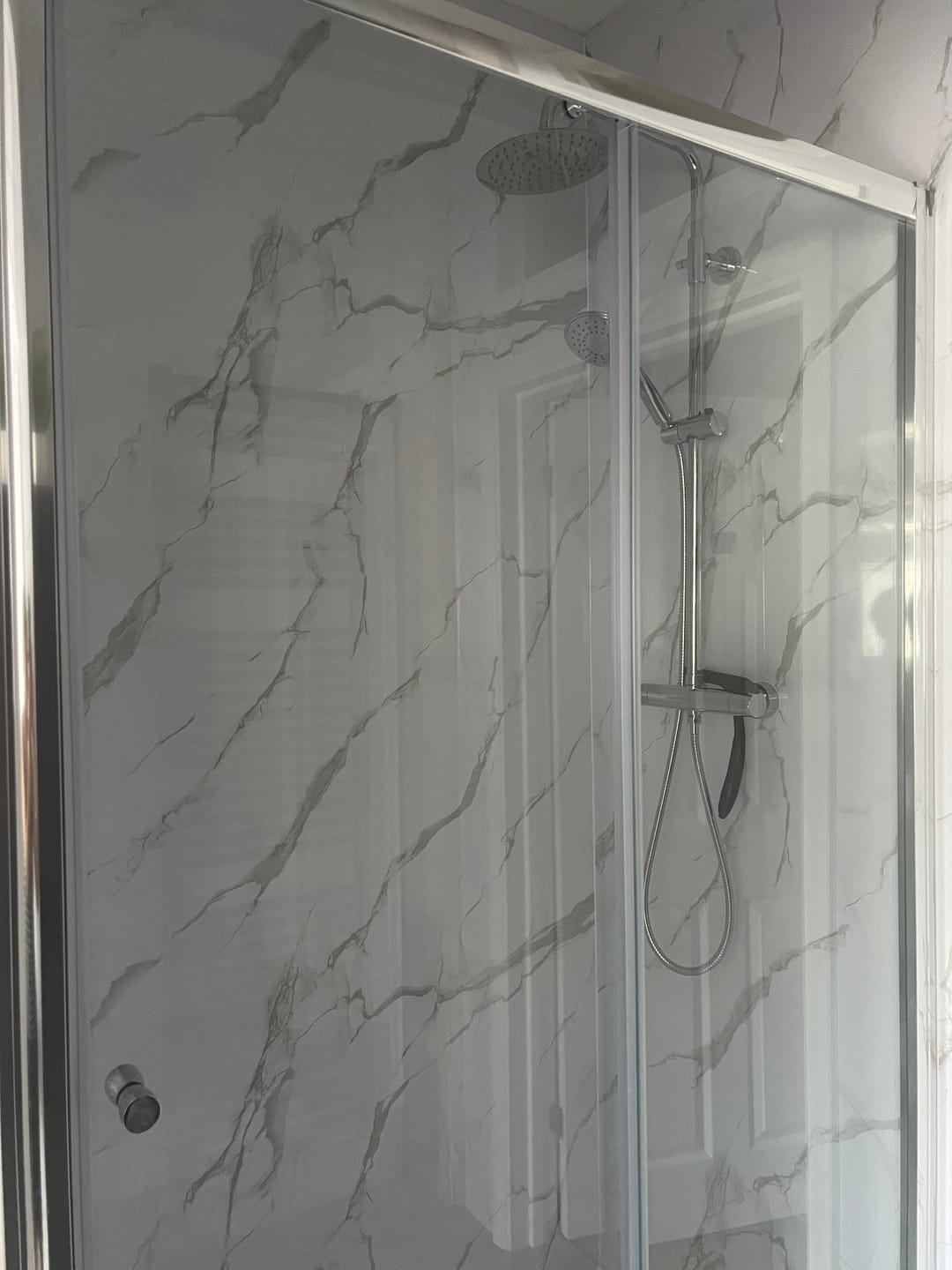Customer photo review of Premium Carrara White Marble Gloss Shower Wall Panel - 1M x 2.4M