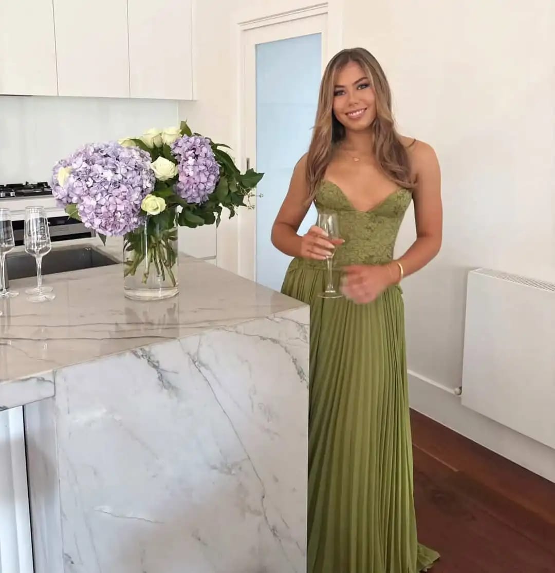 Customer photo review of Vivian Pleated Corset Maxi Dress