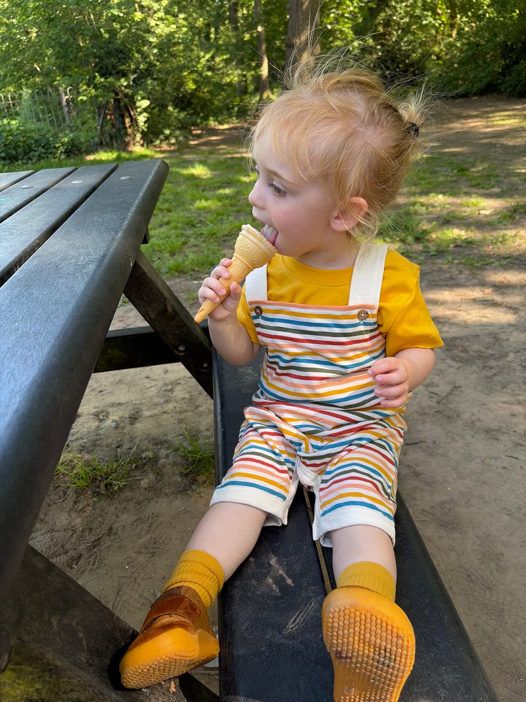 Customer photo review of Cream Rainbow Storytime Dungaree Shorts