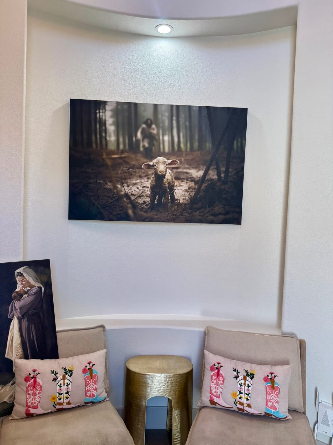 Customer photo review of Jesus Running After a Lost Lamb, Jesus and Lamb Picture, Wall Art Canvas