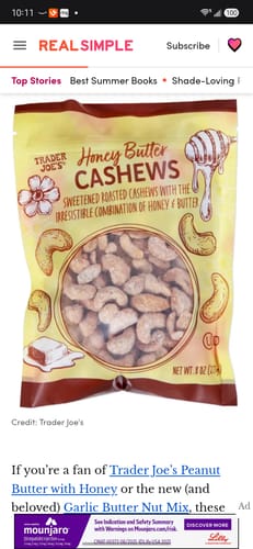 Customer's screenshot of a webpage showing a bag of honey butter cashews.