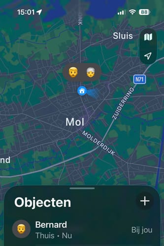 Customer's screenshot of the Apple Find My app tracking their SPOTMINDERS Tracking Card on a map.