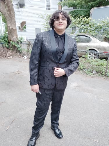 Customer photo review of Men's 3-Piece Black Rose Embroidery Shawl Lapel Wedding Suit