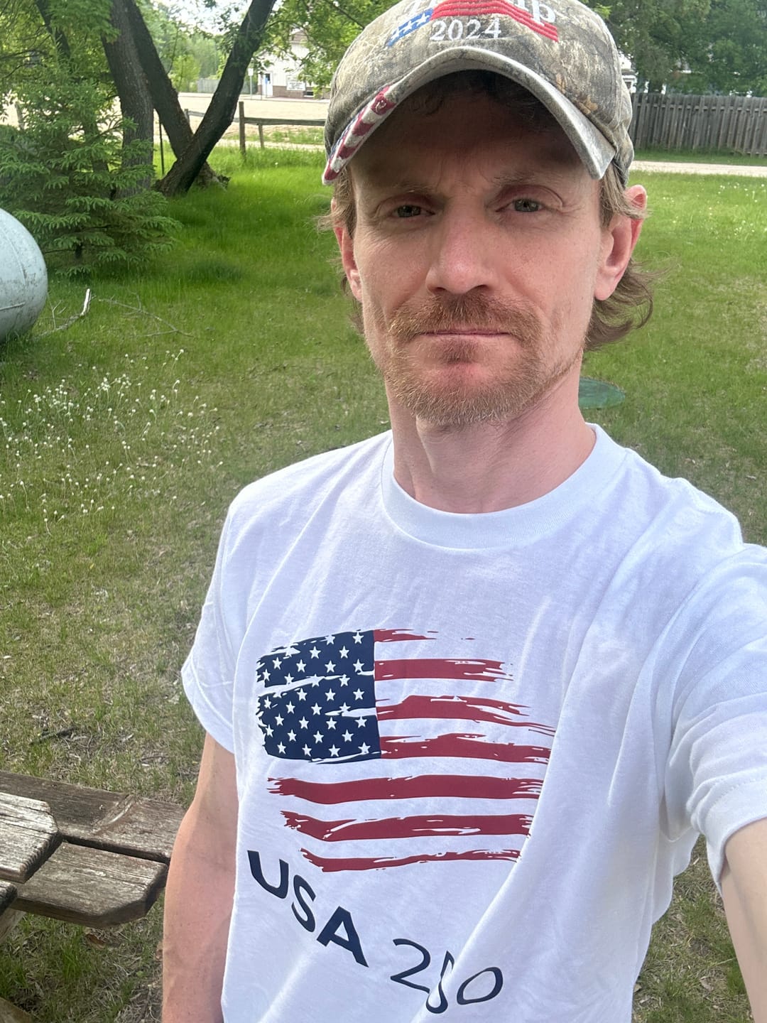 Customer photo review of USA 250 Brush Flag T-Shirt