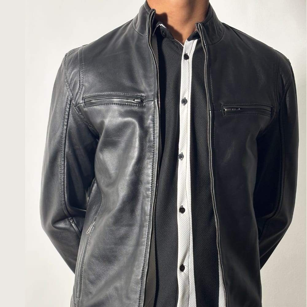 Customer photo review of The Wizard Black Leather Cafe Racer Jacket For Men