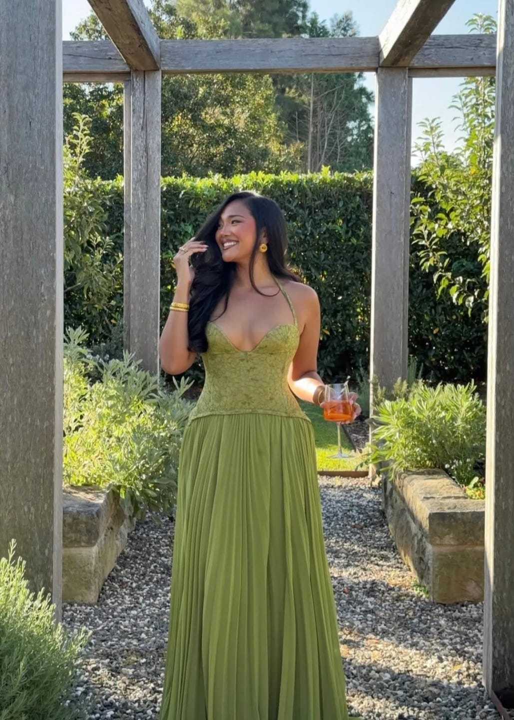 Customer photo review of Vivian Pleated Corset Maxi Dress
