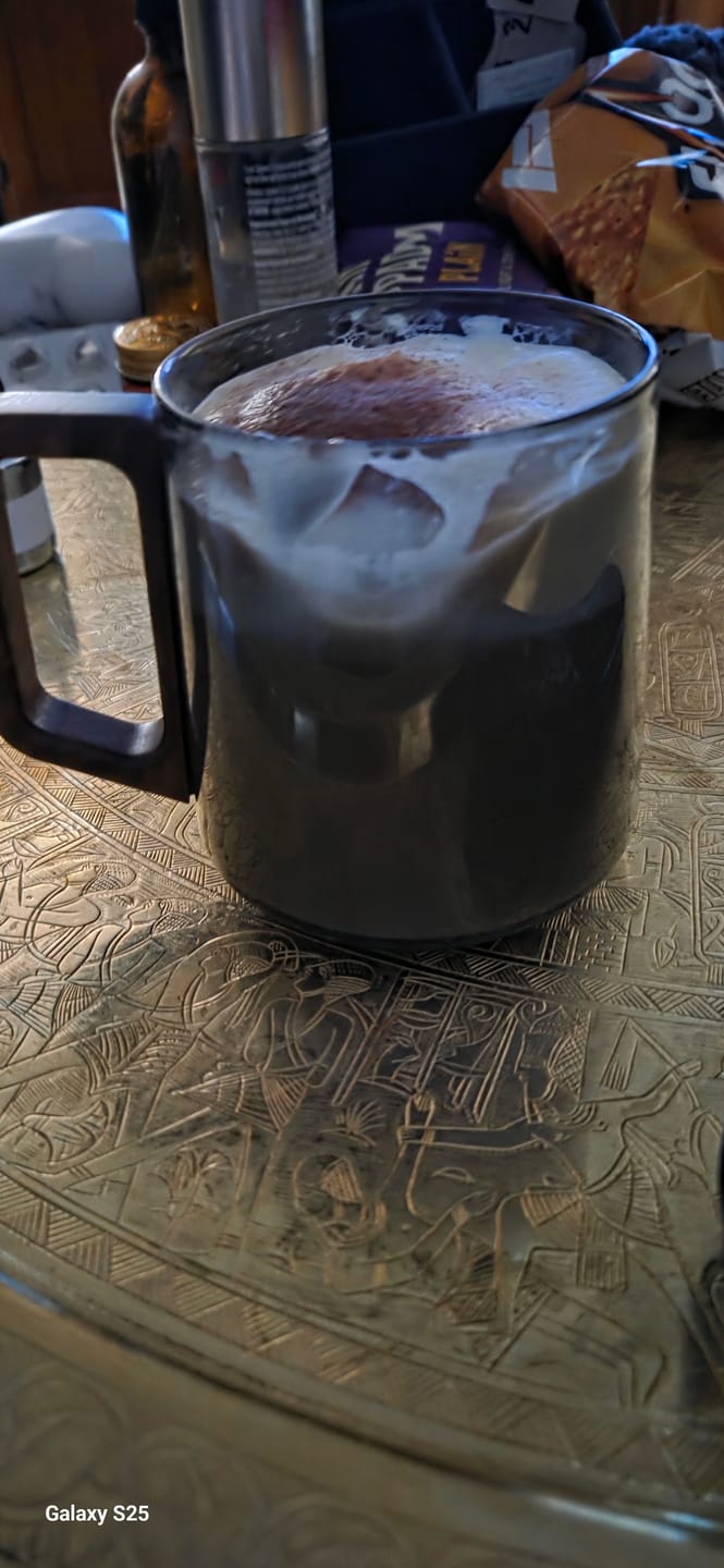 Customer photo review of Set Of 4 - Smokey Gray Glass Slanted Coffee Cups With Wooden Handle