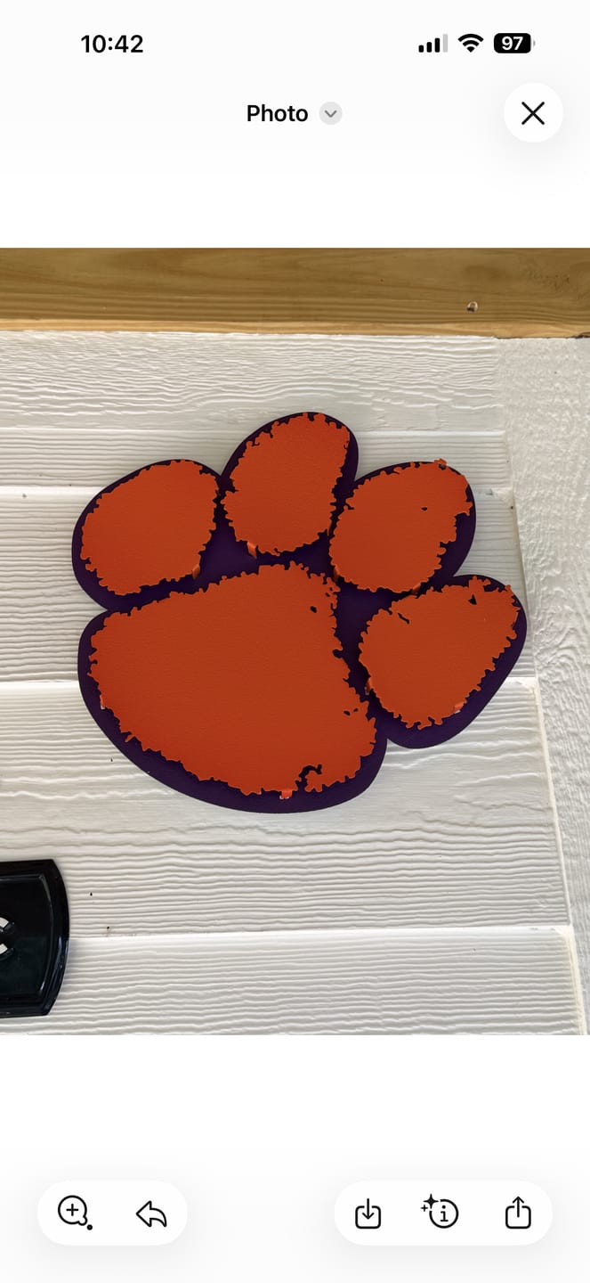 Customer photo review of Clemson Tigers Orange on Purple Paw 3D Vintage Metal Wall Art