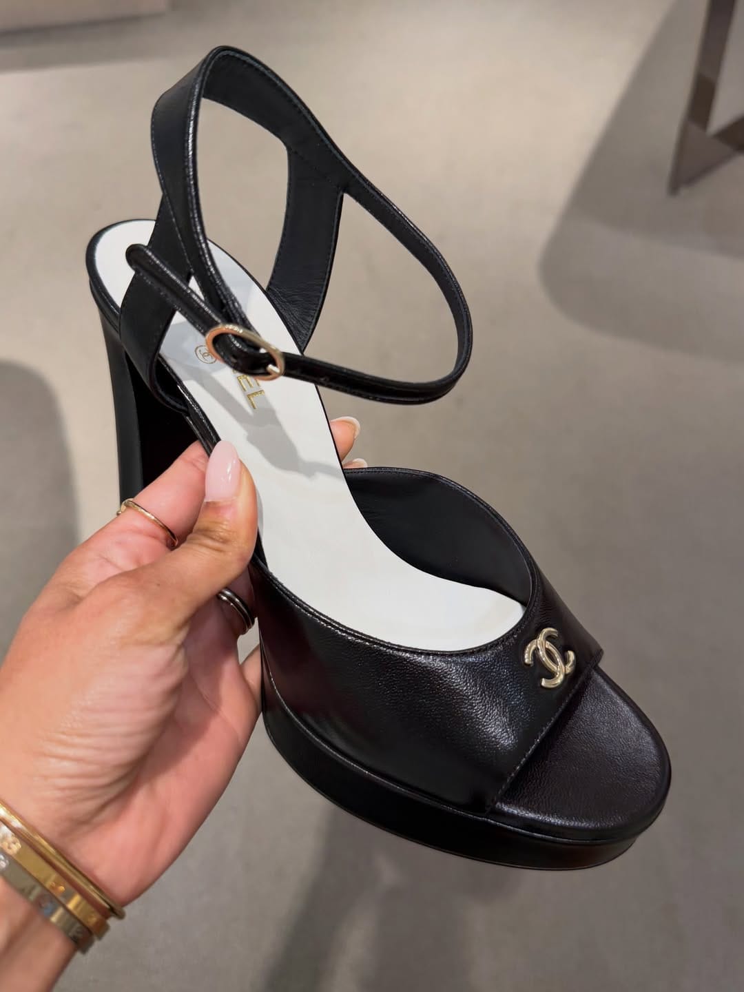 Customer photo review of Chanel 2026 High heeled Chunky Platform Peep-toe Sandals Sheepskin 664989