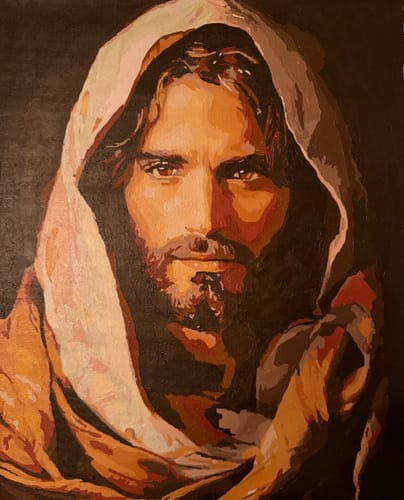 Reviewer's completed Cloaked Messiah paint by numbers painting, showing good color tones in the final portrait.