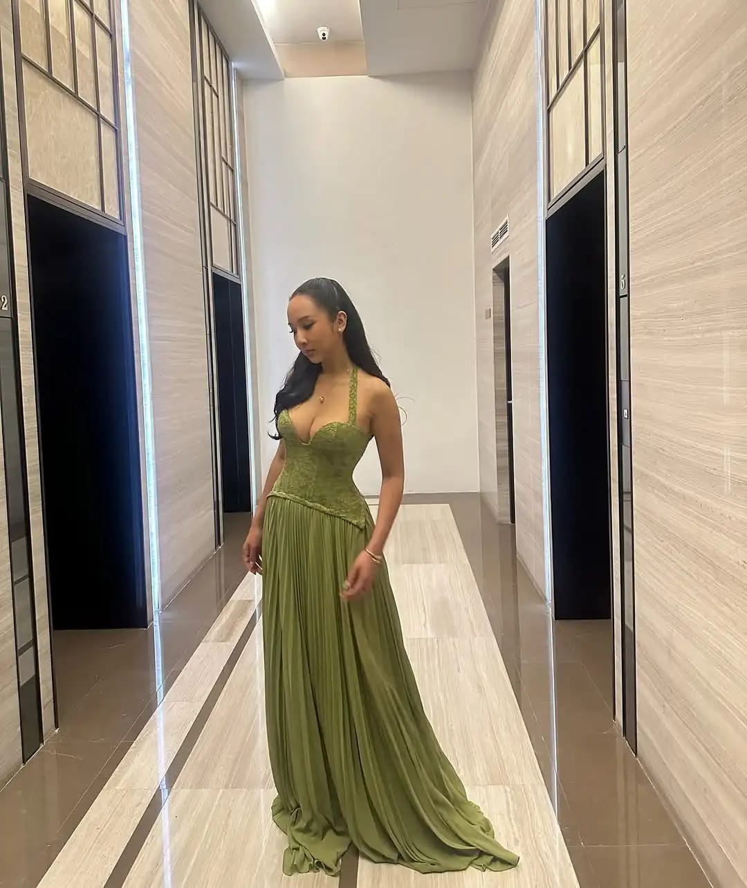 Customer photo review of Vivian Pleated Corset Maxi Dress