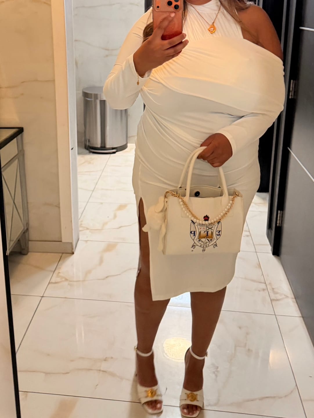 Customer photo review of Asymmetric Pleated Solid Color Split-Front Split-Joint Split-Side High Neck Midi Dresses