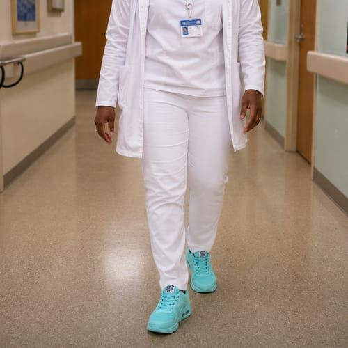 Reviewer walking in a hospital hallway wearing bright teal Bliss Walk shoes.
