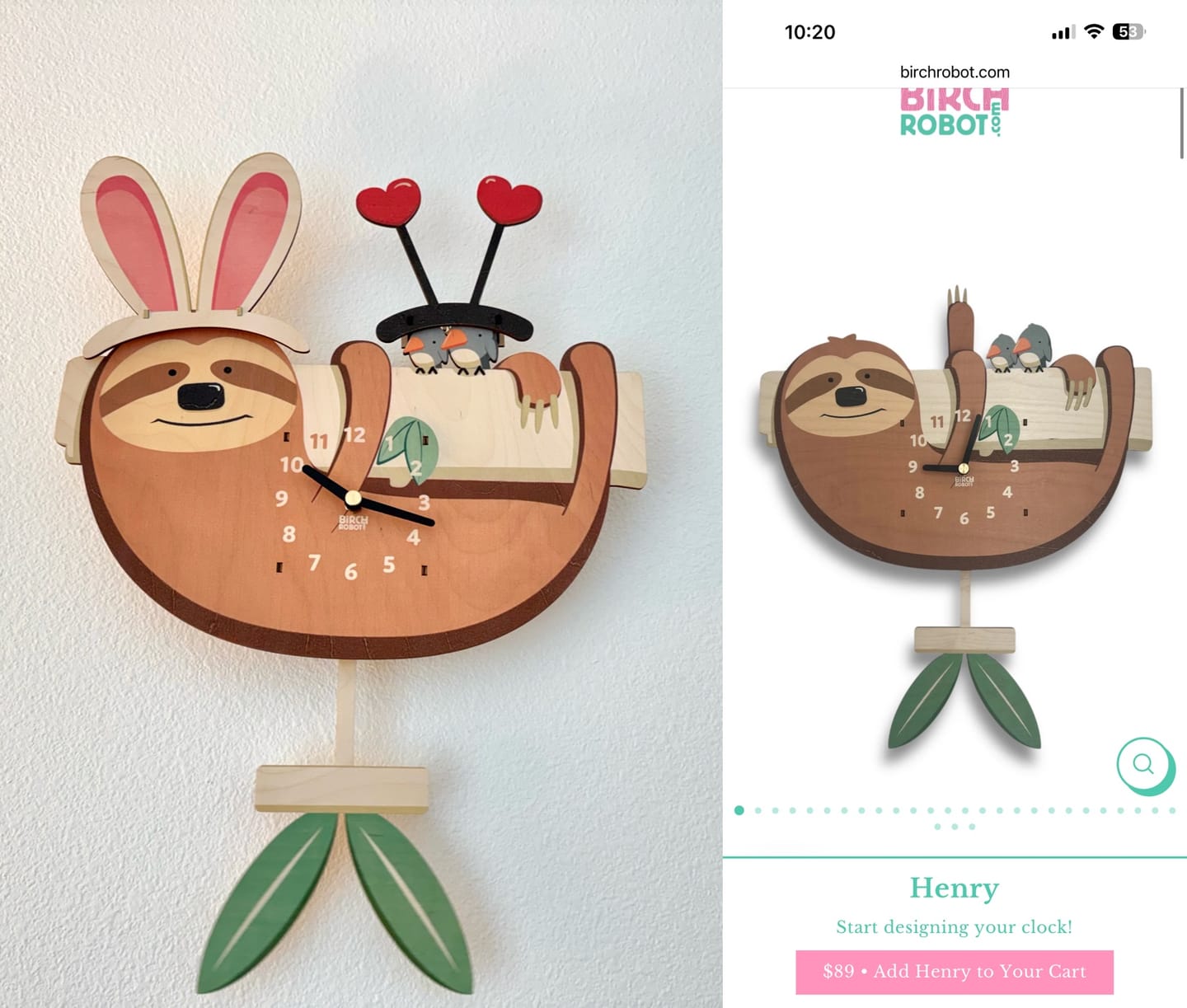 Customer photo review of Henry the Sloth Pendulum Clock
