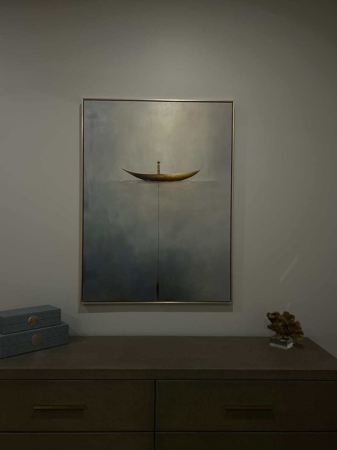Customer photo review of Solitude Voyage: Contemporary Minimalist Wall Art - Neutral Brown & Grey with Gold Boat