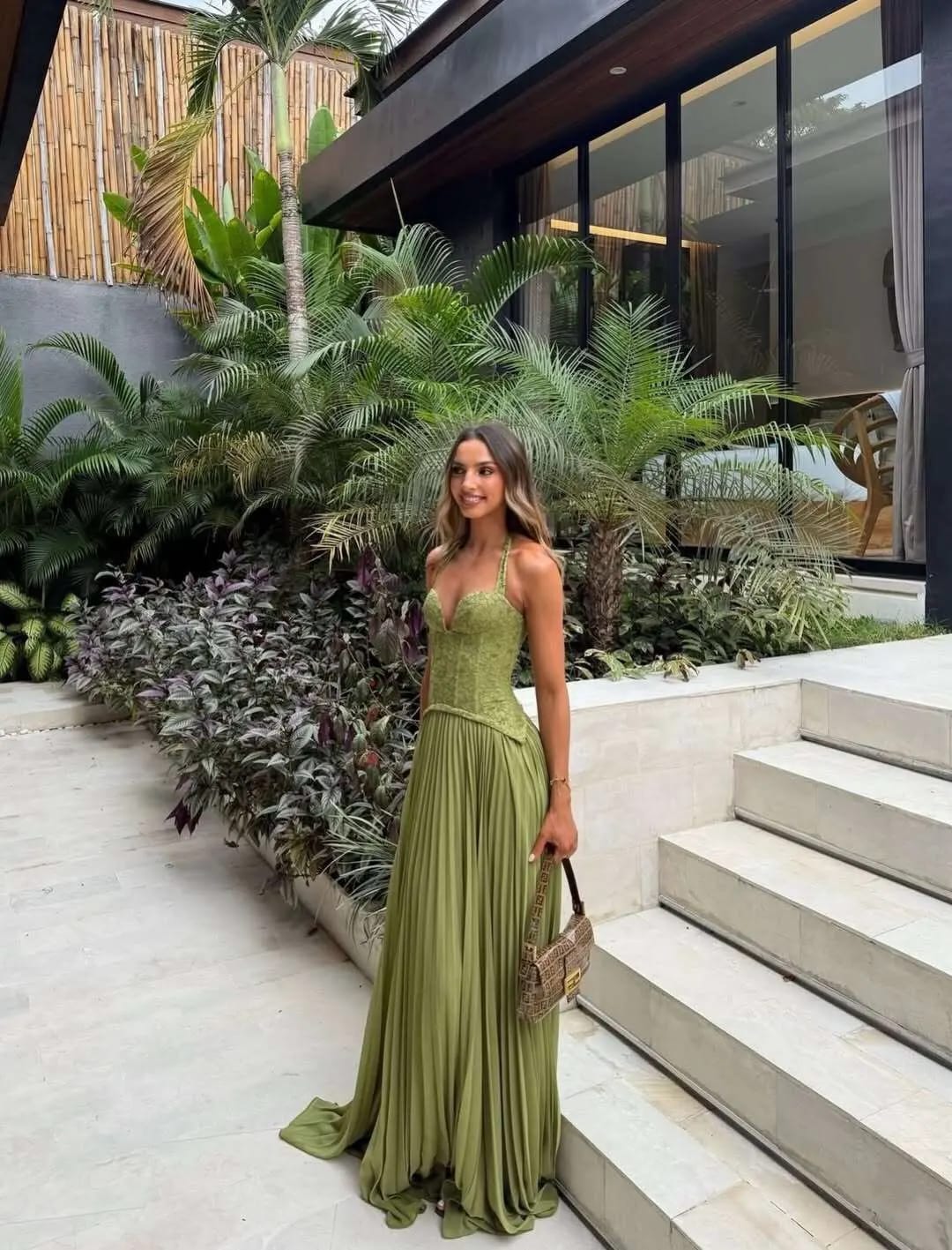 Customer photo review of Vivian Pleated Corset Maxi Dress