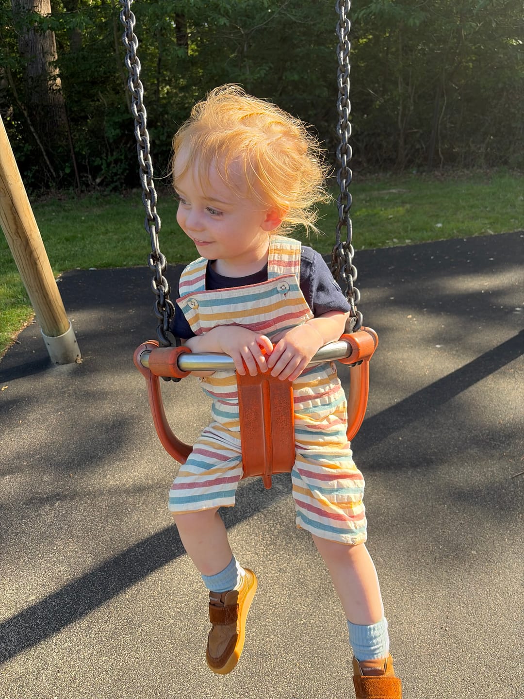 Customer photo review of Walnut Striped Seersucker Dungaree Shorts