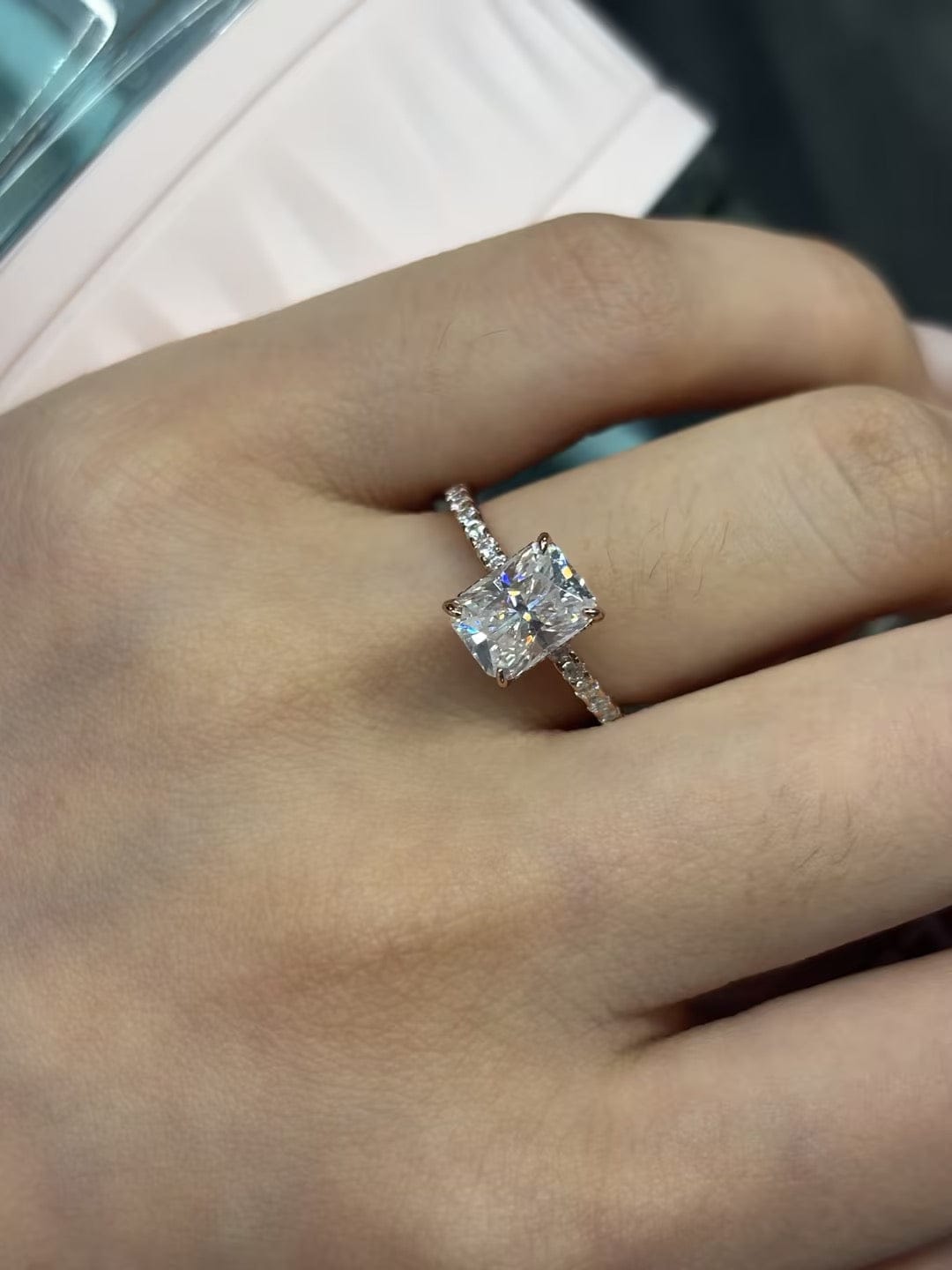 Customer photo review of S925 2.0 CT Radiant Cut Engagement Ring In Sterling Silver Travel Ring For Everyday Wear