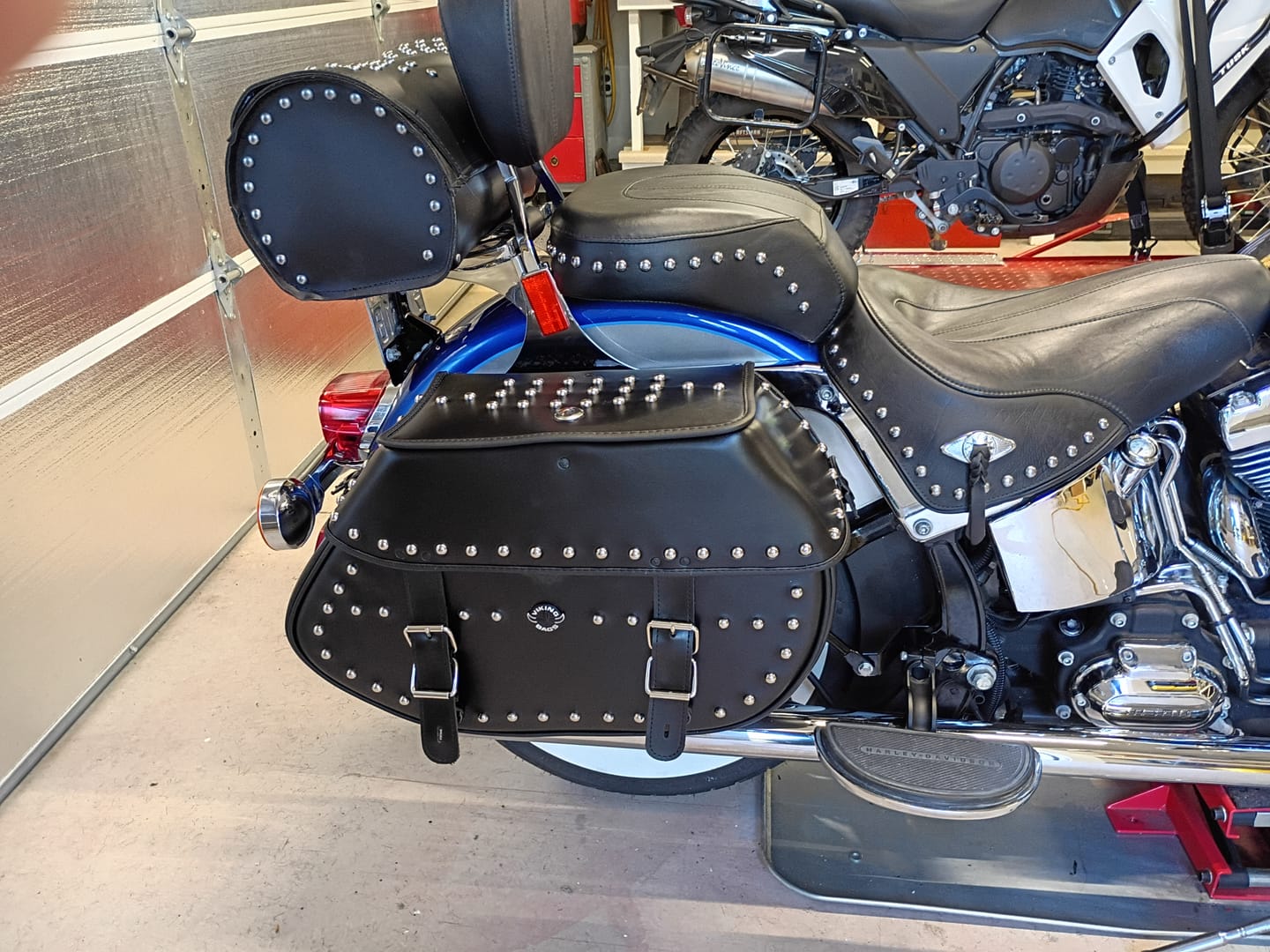 Customer photo review of 35L - Legacy Extra Large Studded Leather Motorcycle Saddlebags for Harley Softail Heritage FLSTC/I