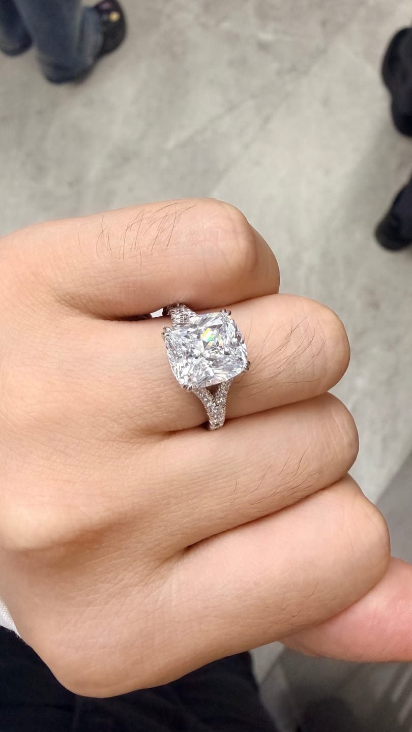 Customer photo review of S925 7.0Ct/4.0Ct Split Shank Cushion Cut Engagement Ring 18K White Gold Plated Travel Rings with Pavé Accents