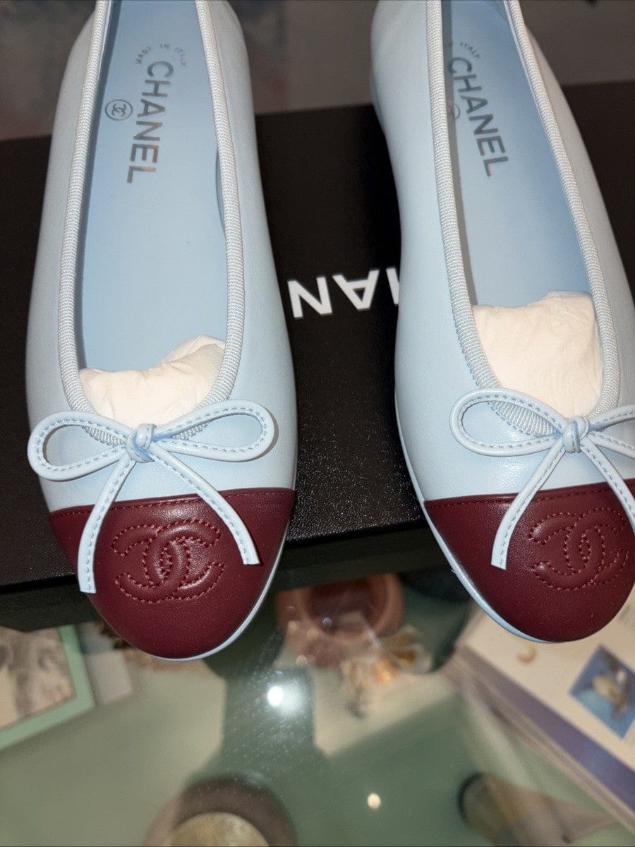 Customer photo review of Chanel 2026 Ballet Flat Light Blue And Burgundy Lambskin