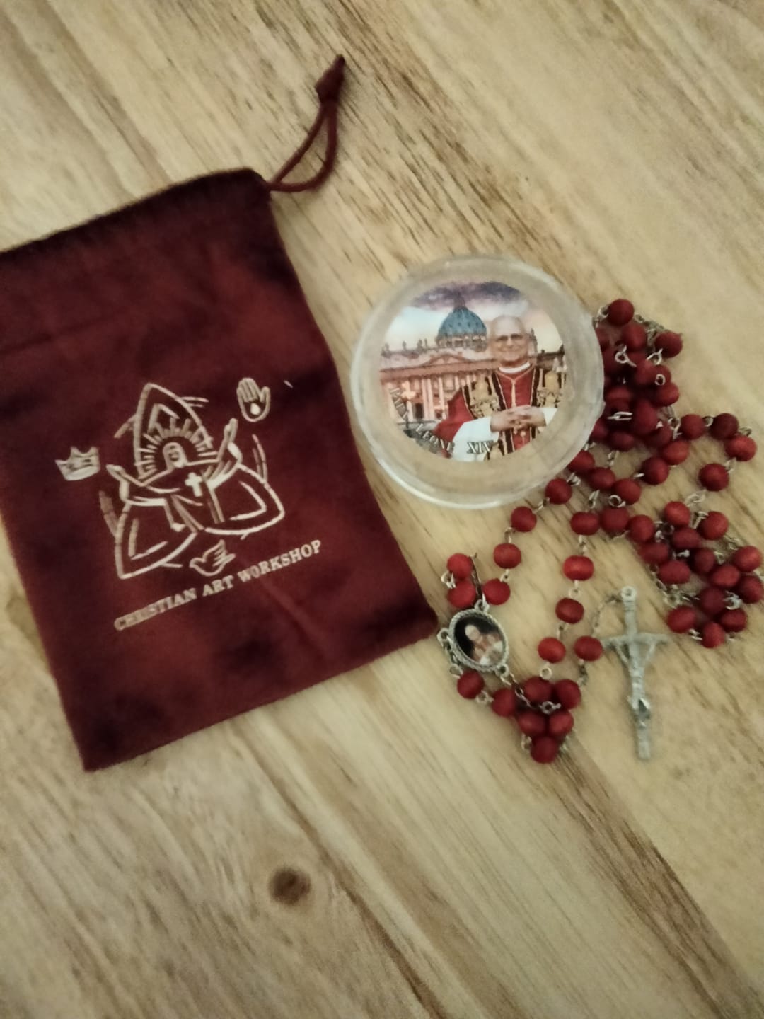Customer photo review of FREE Today: Pope Leo XIV Red Wood Beads Rosary Commemorating: A Spiritual Treasure