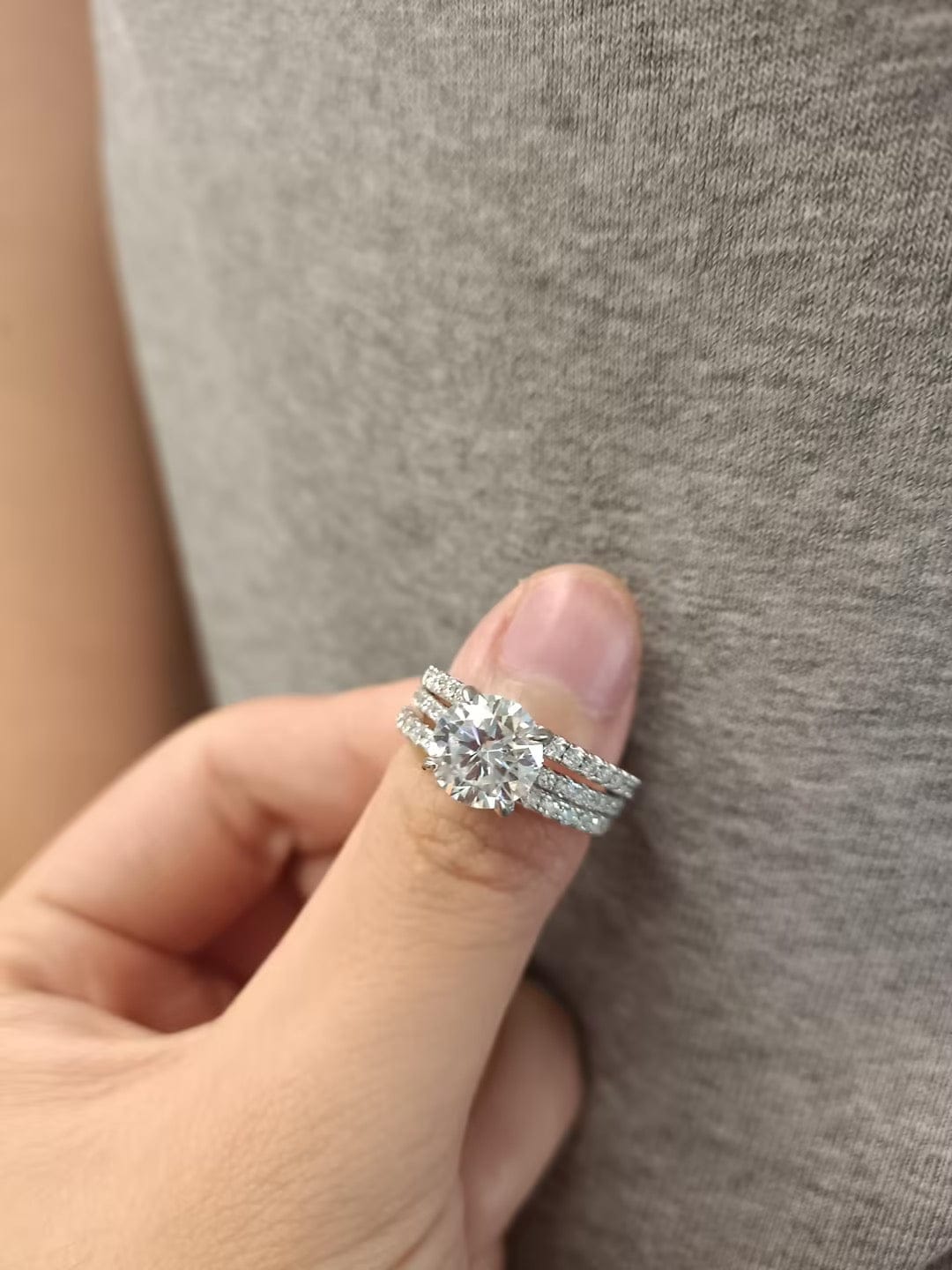 Customer photo review of S925 3PC Wedding Ring Set 2.0 Ct Round Cut With 2PC Half Eternity Wedding Band Stackable Wedding Rings