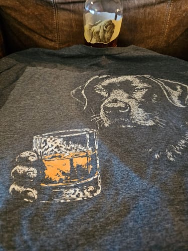 Customer's dark gray Whiskey Black Lab Grunge T-Shirt, showing the graphic of a dog with a glass of whiskey.