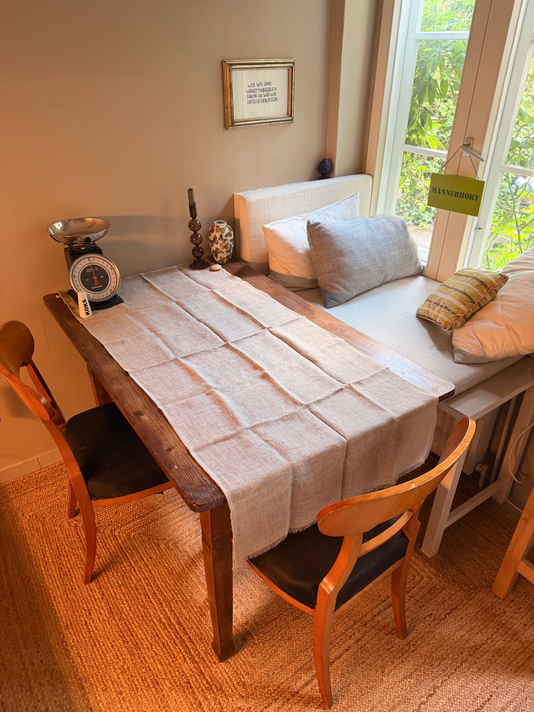 Customer photo review of Beige Gauze Linen Table Runner with Raw Edge Fringes