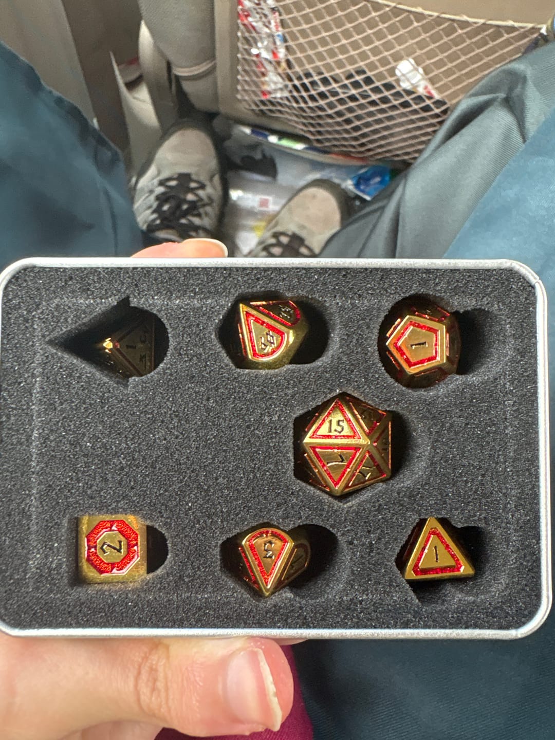 Customer photo review of Cleric's Domain Red & Gold Metal Dice Set