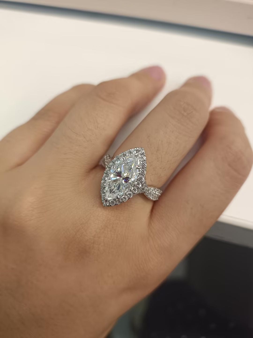 Customer photo review of S925 Moissanite 3.0 Ct White Marquise Cut Halo Engagement Ring 925 Sterling Silver Promise Ring For Women