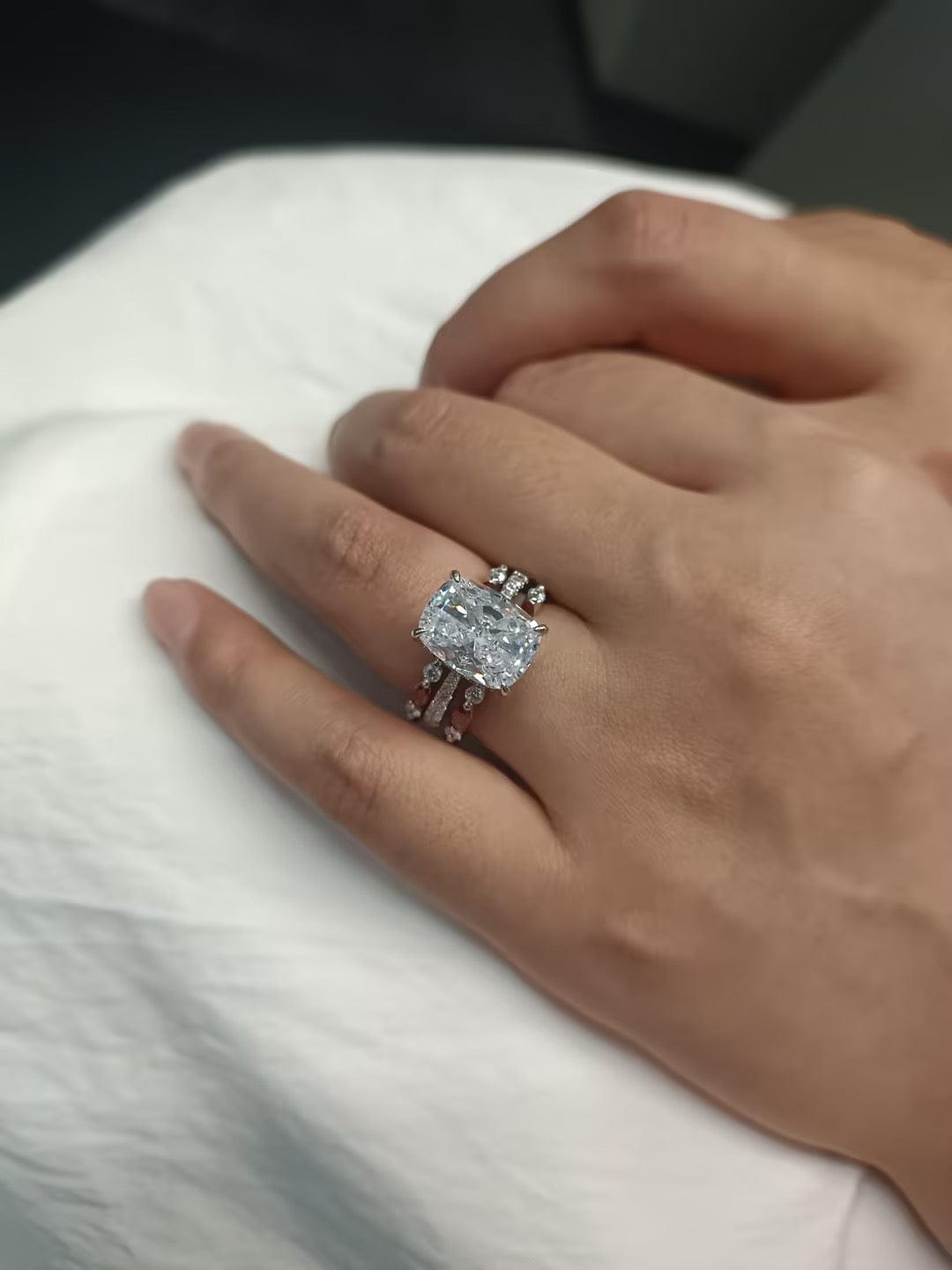 Customer photo review of S925 6.5Ct Cushion Cut Insert Wedding Ring Set With Unique White & Blue/Red Stone Engagement Ring Enhancer