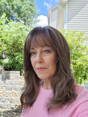 Customer photo review of JBEXTENSION 16 Inches Scalpiana 3.5X4 Hard Silky Top Natural Scalp Effect Pine Cones Body Wave Wig with Bangs Wig MIMI SILK TOP - PINE CONES