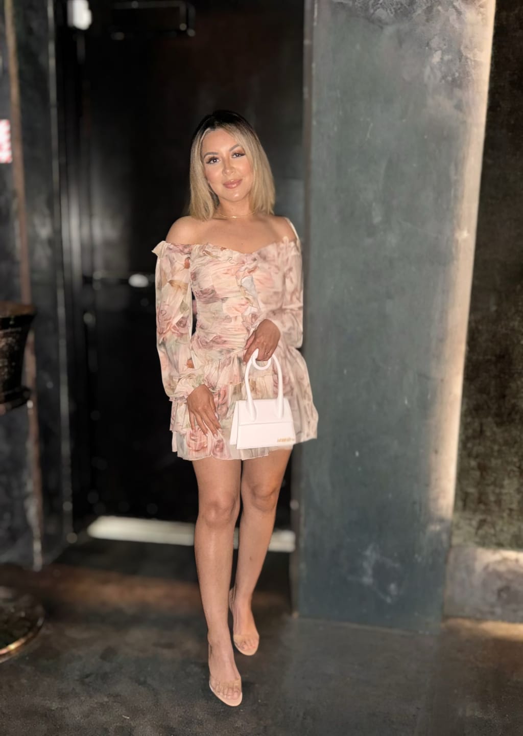 Customer photo review of Sorrento Garden Floral Off Shoulder Ruffle Mini Dress - Beige Multi