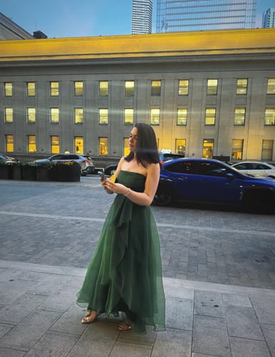 Customer photo review of Teresa Organza Gown in Green by Theia Couture - RENTAL
