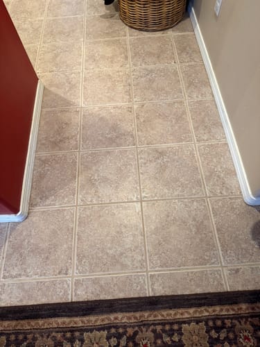 Customer's tiled floor showing discolored grout before cleaning with the Premium Starter Bundle.