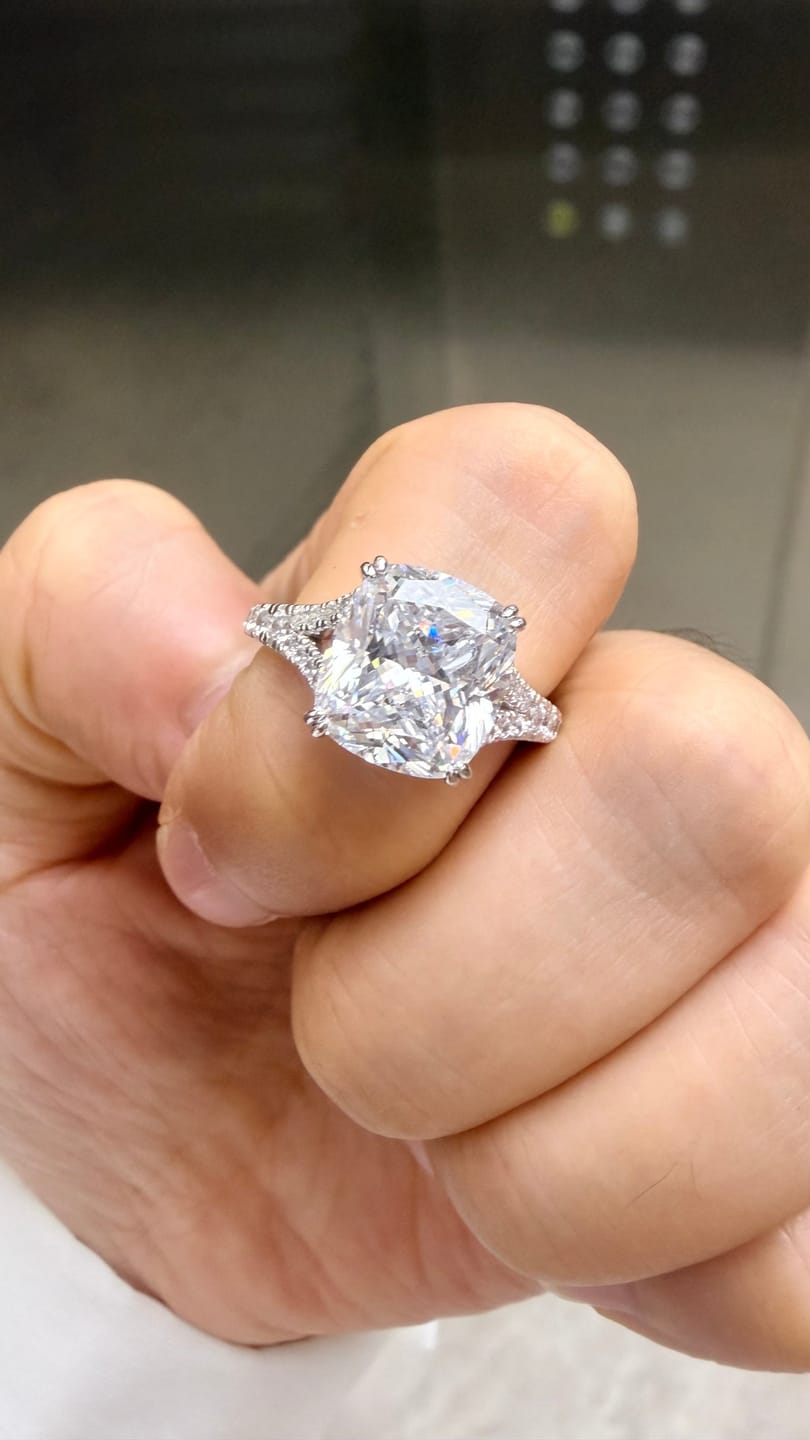 Customer photo review of S925 7.0Ct/4.0Ct Split Shank Cushion Cut Engagement Ring 18K White Gold Plated Travel Rings with Pavé Accents