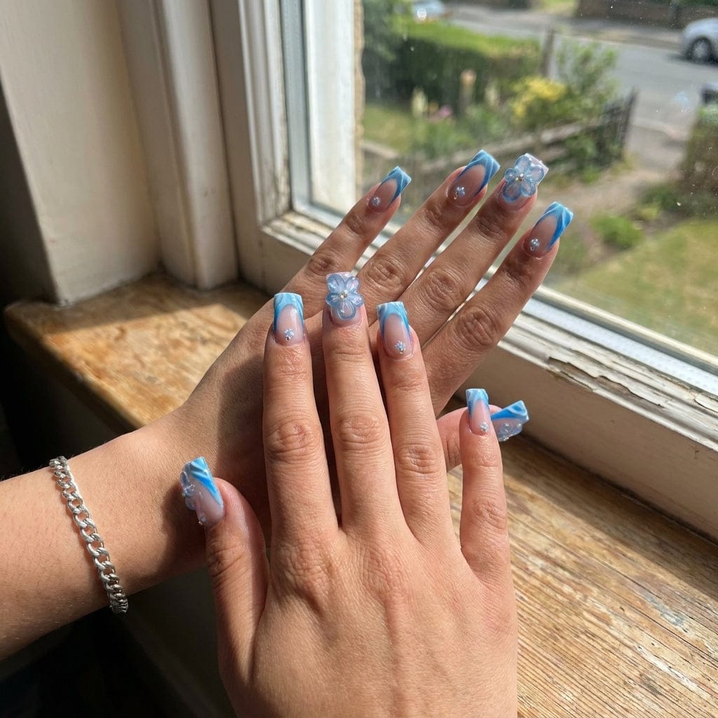 Customer photo review of Pink Heart Swirl — White & Glitter Press-On Nails