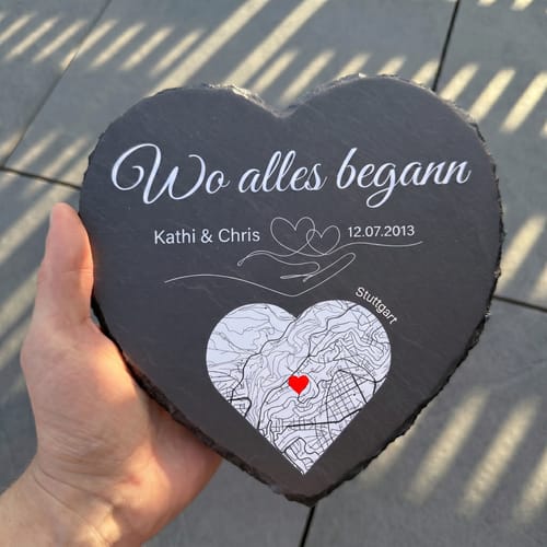 Kundenbewertung mit Foto zu Wo alles begann - Personalisiertes Schieferherz (15x15)
