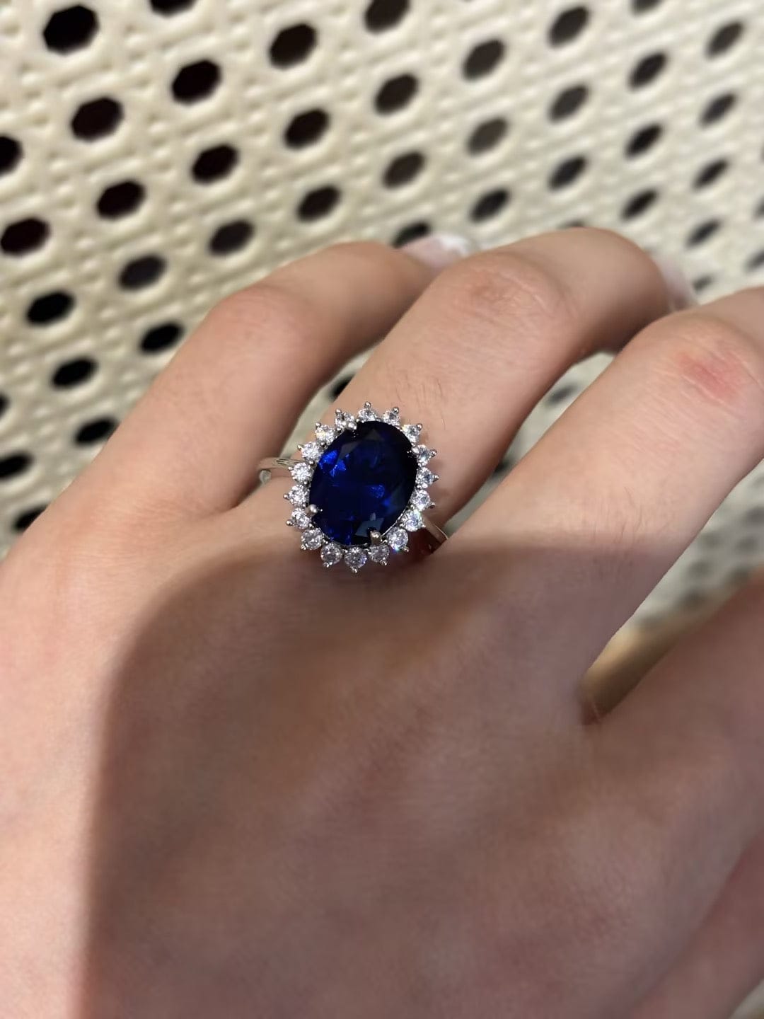 Customer photo review of 4.5 Carat Halo Oval Cut Blue/Red/Green/Yellow Sapphire Engagement Ring In Sterling Silver