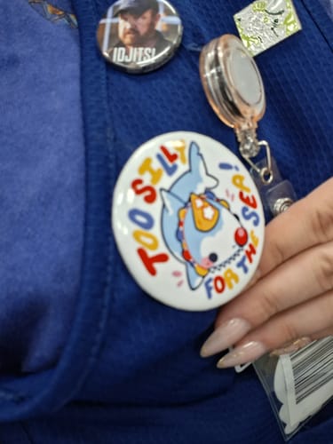 Customer photo review of Too Silly for the Sea Clown Shark Button