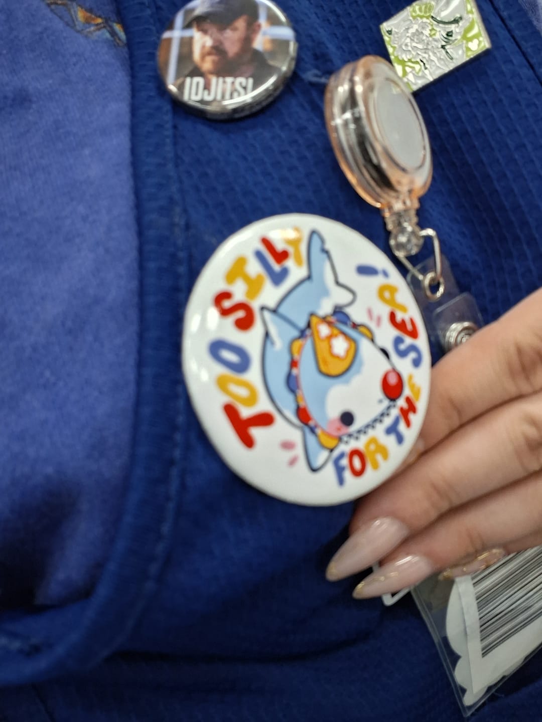 Customer photo review of Too Silly for the Sea Clown Shark Button