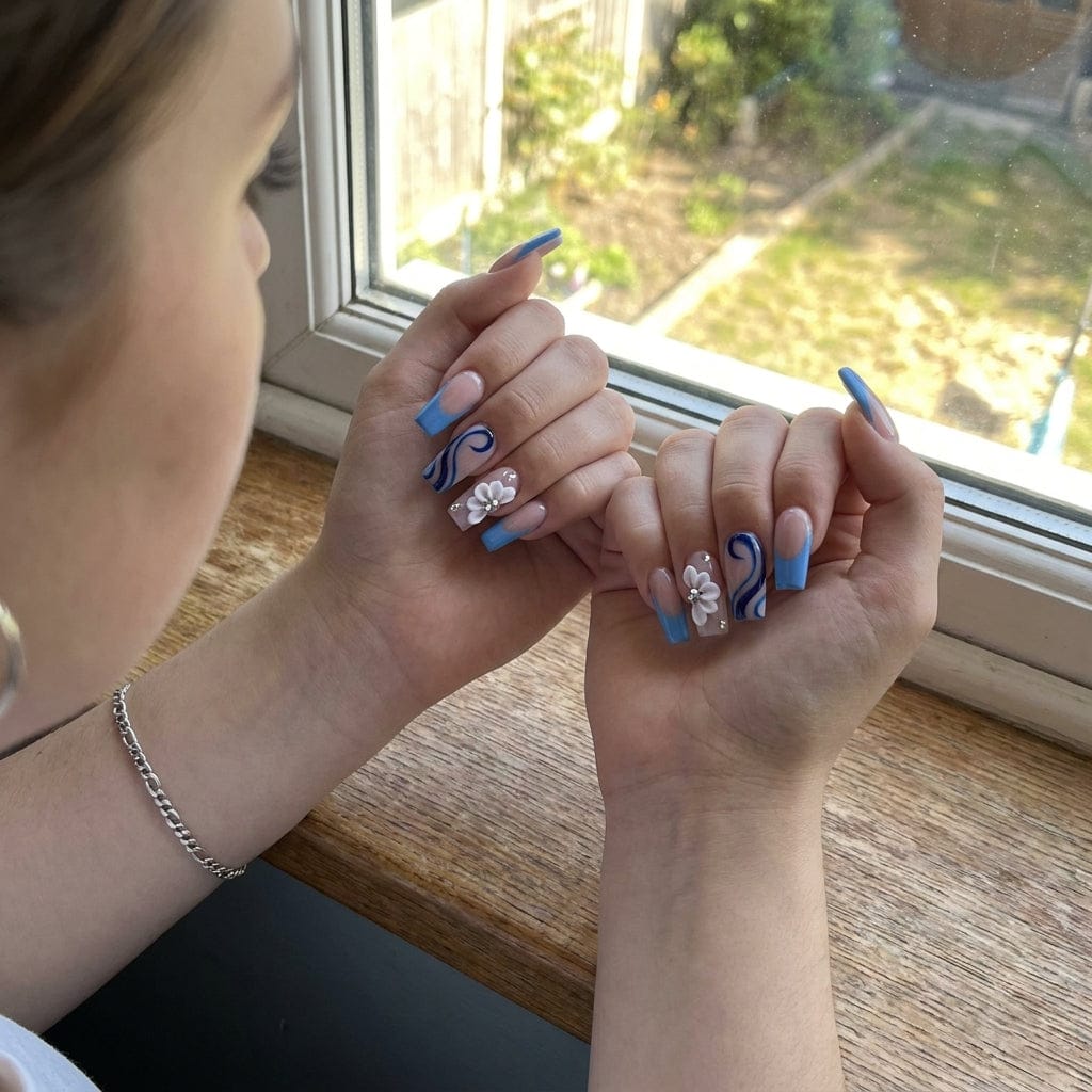 Customer photo review of Pink Heart Swirl — White & Glitter Press-On Nails